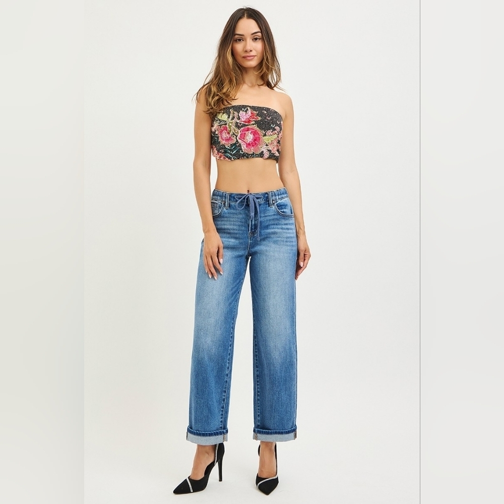 RISEN High Rise Elastic Band Slouchy Boyfriend Jeans Cuffed Ankle Various NEW